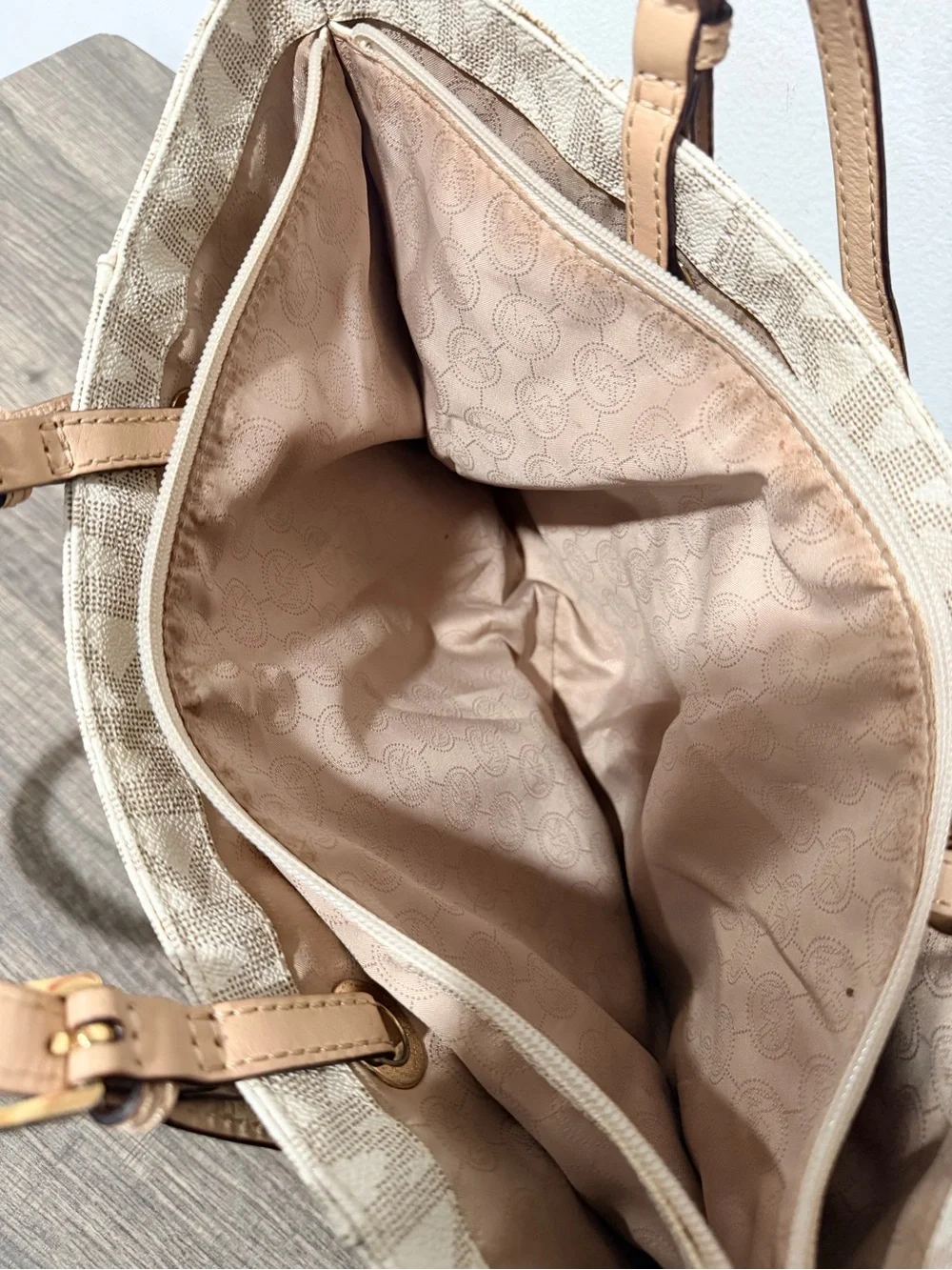 Michael Kors Beige Logo Canvas Tote with Tan Trim